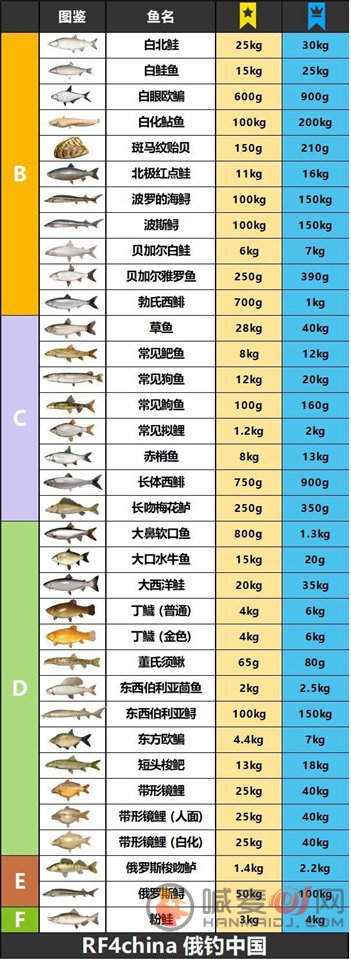 俄钓4上星重量图表 俄罗斯钓鱼4鱼类重量图鉴大全