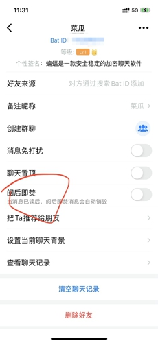 蝙蝠阅后即焚如何设置